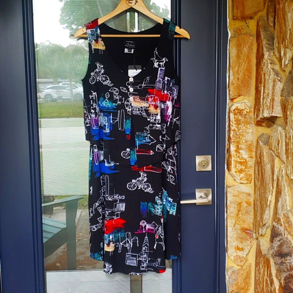 Black and Multi color Printed Sleeveless Knee Length Pullover Dress